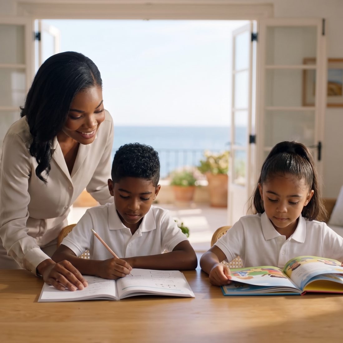 Two children doing homework with a nanny nearby