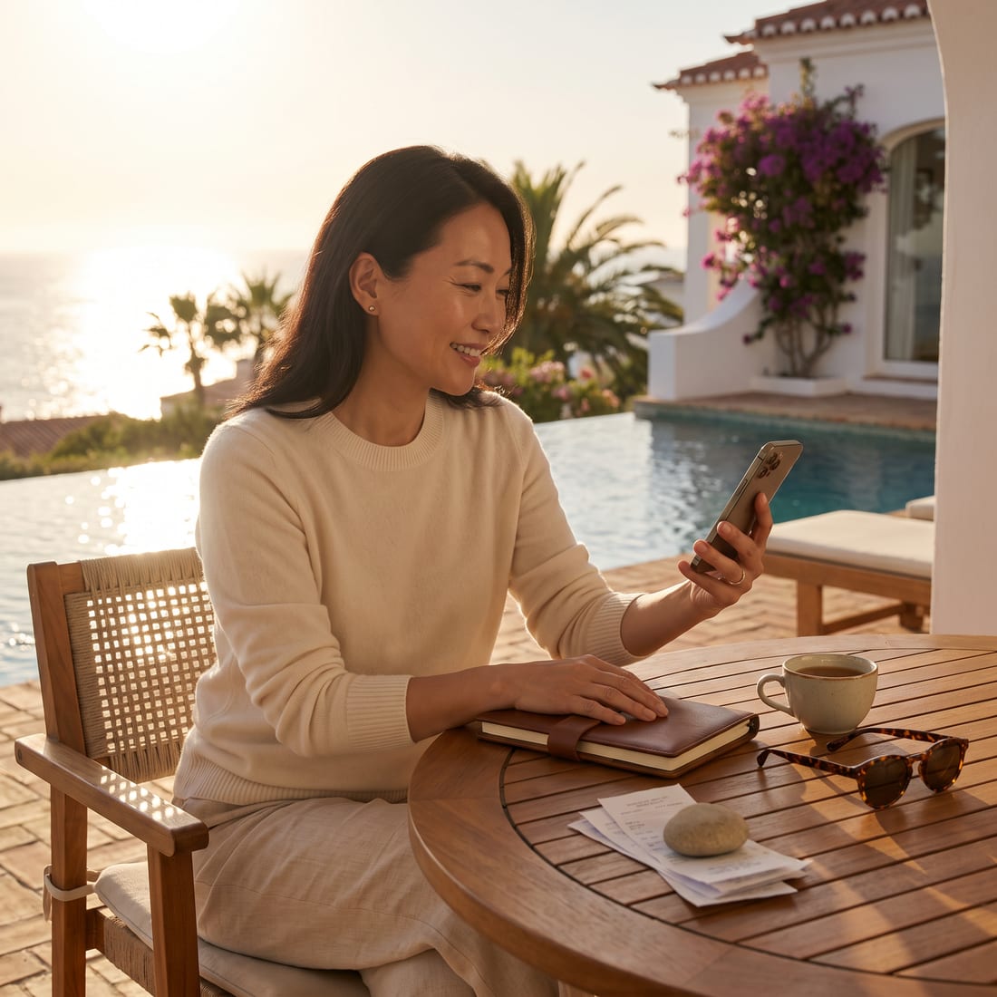 The lady of the house on the terrace with a phone and a closed notebook