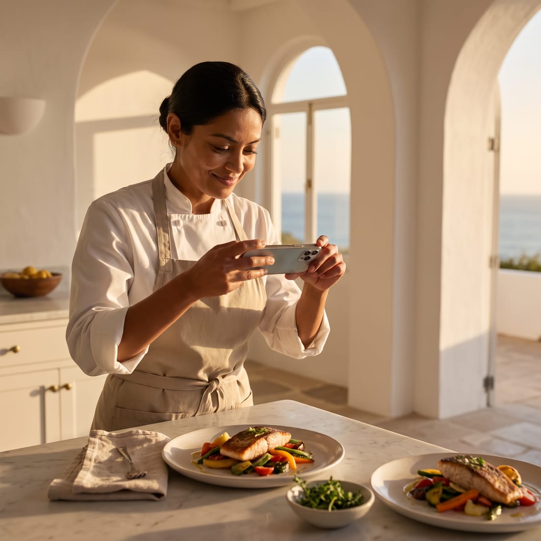 A cook photographing a finished dish with a phone