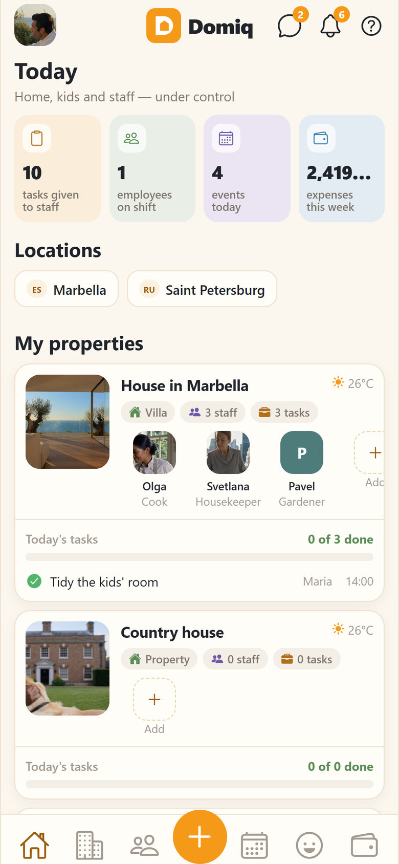 Employer screen: today, locations and properties