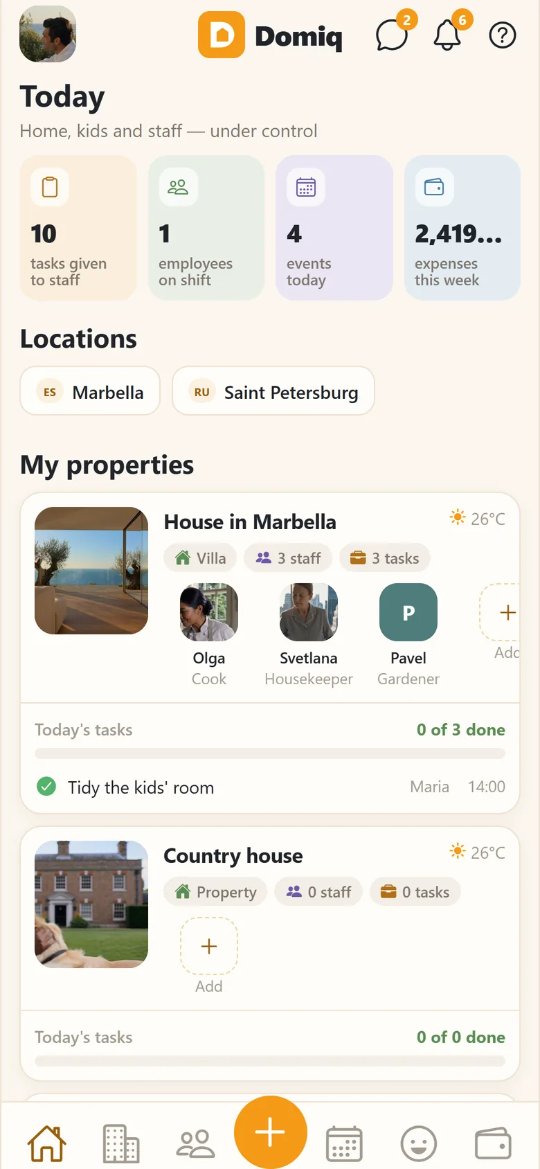 Employer screen: today, locations and properties